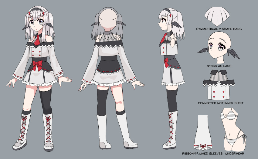 1girl absurdres asymmetrical_legwear black_wings boots buttons character_profile chiem chiem_(vtuber) concept_art double-breasted expressions from_behind full_body grey_eyes hairband highres indie_virtual_youtuber multiple_views necktie official_art original red_necktie reference_sheet standing turnaround uneven_legwear variations virtual_youtuber wing_ears wings