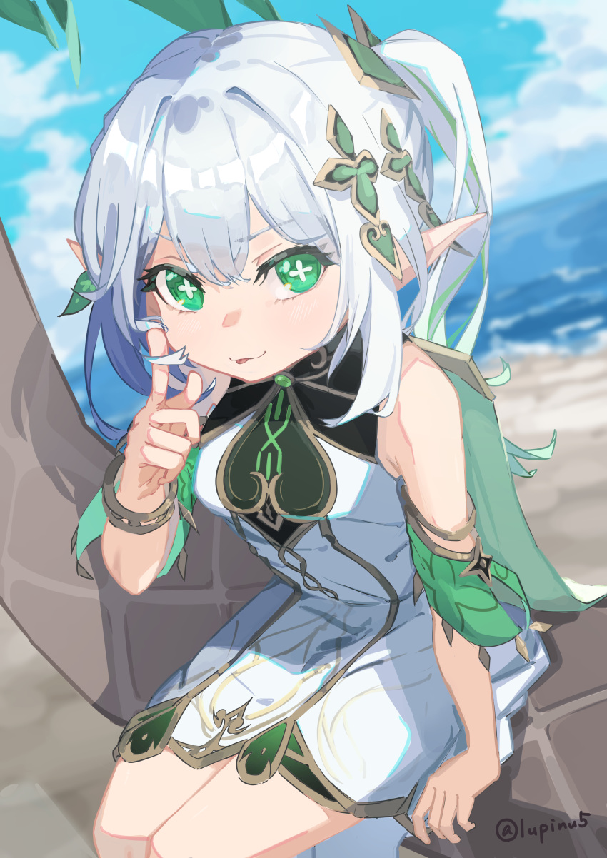 1girl absurdres bangs beach bracelet cape cross-shaped_pupils dress female_child genshin_impact gradient_hair green_cape green_eyes green_hair green_sleeves hair_ornament highres in_tree jewelry leaf_hair_ornament long_hair looking_at_viewer lupinu5 multicolored_hair nahida_(genshin_impact) pointy_ears side_ponytail sitting sitting_in_tree solo tree white_dress white_hair