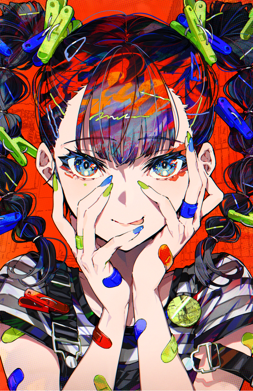 1girl :p bandaid bandaid_on_arm bandaid_on_hand bangs black_hair blue_eyes blue_nails closed_mouth clothes_pin commentary_request green_nails hair_ornament hairclip hands_on_own_face hands_up highres long_hair looking_at_viewer mika_pikazo multicolored_nails nail_polish original overalls red_background shirt short_sleeves smile solo striped striped_shirt tongue tongue_out twintails upper_body