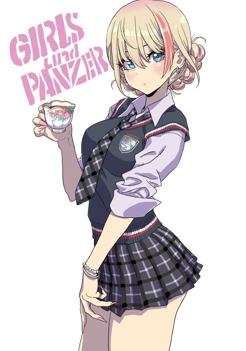 1girl absurdres alternate_costume bangs blonde_hair blue_eyes blush bracelet braid breasts collared_shirt copyright_name cup darjeeling_(girls_und_panzer) earrings emblem eyeshadow fingernails girls_und_panzer gyaru hair_between_eyes highres holding holding_cup jewelry long_fingernails looking_at_viewer makeup miniskirt multicolored_hair nail_polish necktie pink_nails plaid plaid_necktie plaid_skirt pleated_skirt ring shirt short_hair skirt sleeves_pushed_up solo st._gloriana's_(emblem) streaked_hair teacup thighs twin_braids v-neck yamashita_shun'ya