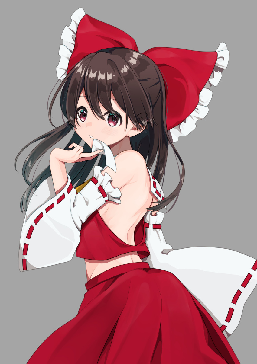 1girl 3miril absurdres bangs between_fingers black_hair bow cowboy_shot detached_sleeves from_side grey_background hair_bow hair_tubes hakurei_reimu highres looking_at_viewer medium_hair no_bra red_bow red_shirt red_skirt ribbon-trimmed_sleeves ribbon_trim shirt simple_background skirt solo standing touhou wide_sleeves
