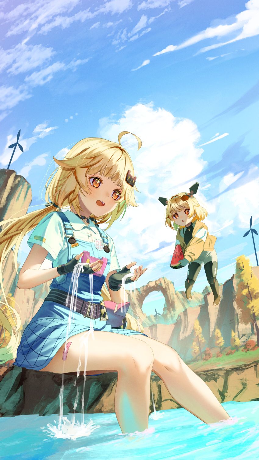 2girls :d absurdres ahoge arch bandaid bandaid_on_leg black_footwear blonde_hair blue_sky bodysuit boots brown_eyes character_request clouds cloudy_sky collared_shirt commentary_request day dress_shirt food hair_flaps hair_ornament hairclip headgear highres holding holding_food jacket long_hair looking_away low_twintails minigirl multiple_girls open_clothes open_jacket outdoors overall_skirt popsicle saraki shirli_(tower_of_fantasy) shirt short_sleeves sitting sky smile soaking_feet tower_of_fantasy twintails very_long_hair water watermelon_bar white_bodysuit white_shirt wind_turbine yellow_jacket