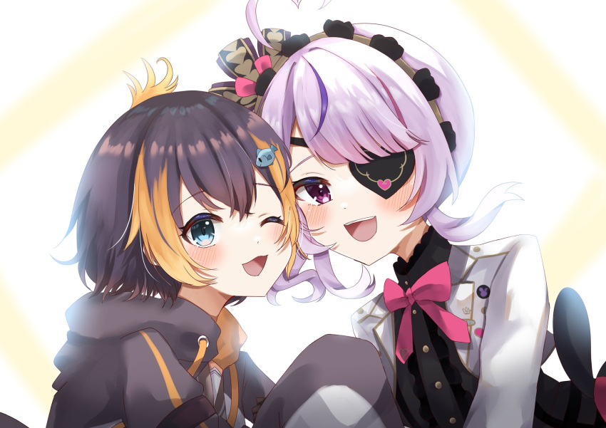 2girls black_hair black_hoodie blush cowlick dress eyepatch fish_hair_ornament hair_ornament heart heart_hair highres hood hoodie maria_marionette multicolored_hair multiple_girls nijisanji nijisanji_en nyuyosuke_o_shigoto_boshuuchu one_eye_covered open_mouth orange_hair petra_gurin pink_hair short_hair sleeves_past_fingers sleeves_past_wrists smile streaked_hair two-tone_hoodie virtual_youtuber white_dress white_hoodie