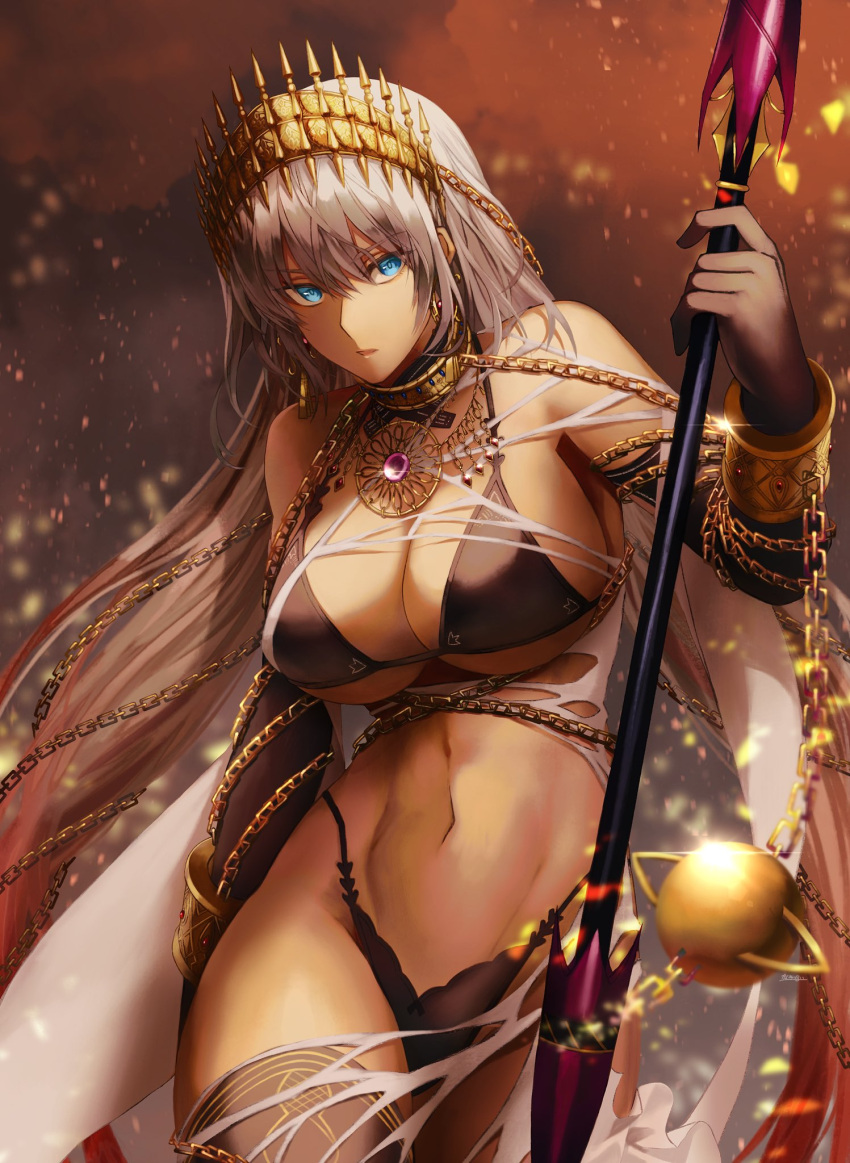 1girl bangs bikini black_bikini black_bra black_panties black_thighhighs black_thong blue_eyes bra chain choker eyebrows eyebrows_visible_through_hair eyelashes eyelashes_visible_through_hair fate/grand_order fate_(series) gold_chain gold_choker gold_crown hair_over_ears highleg highleg_bikini highleg_panties highleg_thong kankitsurui_(house_of_citrus) legs legs_together open_eyes open_mouth panties silver_hair straight_hair thighhighs thighs thong very_long_hair zenobia_(fate)