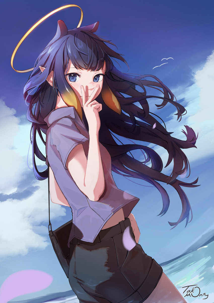 1girl bangs blue_eyes blue_sky blunt_bangs clouds halo highres hololive hololive_english long_hair ninomae_ina'nis pointy_ears shorts sky solo takomonty tentacle_hair v virtual_youtuber