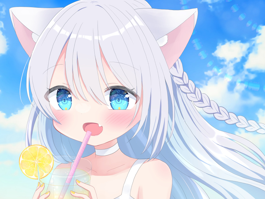 1girl :d animal_ear_fluff animal_ears bangs blue_eyes blush braid cat_ears cat_girl choker cup drinking_straw fang food fruit highres holding holding_cup lemon lemon_slice lemonade long_hair looking_at_viewer nail_polish nekomura_yuyuko open_mouth original sleeveless smile solo white_hair