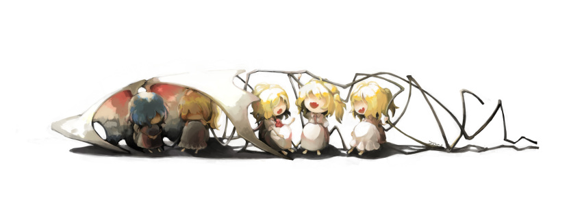 5girls :d alternate_costume artist_name ascot bat_wings blonde_hair blue_hair chibi chinese_commentary clone collared_dress commentary crossed_arms dress fangs flandre_scarlet four_of_a_kind_(touhou) highres medium_hair multiple_girls no_eyes open_mouth own_hands_together red_ascot remilia_scarlet siblings simple_background sisters sitting smile touhou white_background white_dress wings zhepsikn