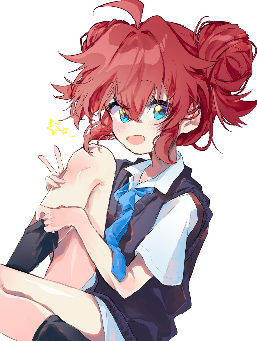 1girl absurdres ahoge bangs black_socks blue_archive blue_eyes blue_necktie collared_shirt double_bun feet_out_of_frame hair_bun highres light_blush looking_at_viewer maki_(blue_archive) necktie nyou_0 open_mouth redhead scribble shirt short_hair short_sleeves sidelocks simple_background sitting sleeveless sleeveless_sweater smile socks solo sweater v white_background white_shirt
