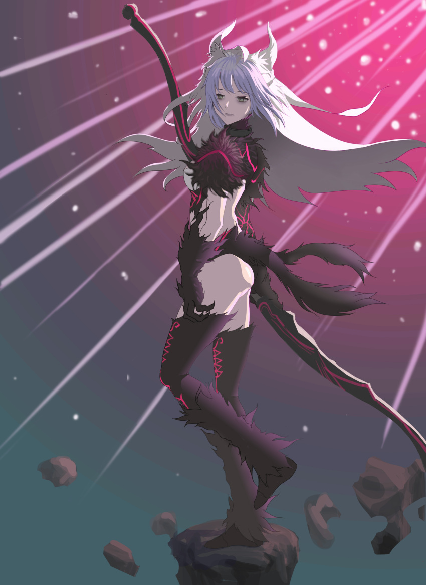 1girl absurdres animal_hands atalanta_(fate) atalanta_alter_(fate) bags_under_eyes bow_(weapon) claws closed_mouth fate/apocrypha fate/grand_order fate_(series) floating floating_rock fur_trim green_eyes highres holding holding_bow_(weapon) holding_weapon leg_up lifyter light_particles light_purple_hair light_rays long_hair multicolored_hair multiple_tails purple_hair purple_lips rock solo standing standing_on_one_leg tail two_tails weapon white_hair