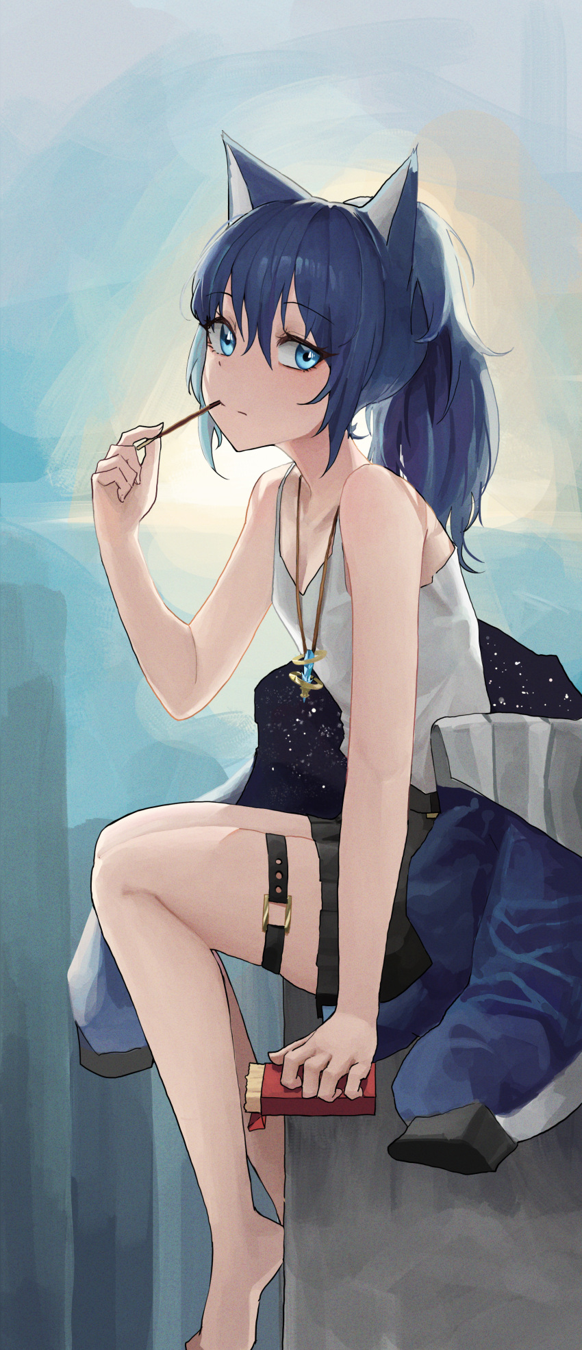 1girl absurdres animal_ears barefoot black_skirt blue_eyes blue_gemstone blue_hair blue_jacket closed_mouth commission eating eyelashes food food_in_mouth gem highres hwan_(verypoor) jacket long_eyelashes long_hair looking_at_viewer original pocky pocky_in_mouth ponytail sitting skirt solo thigh_strap