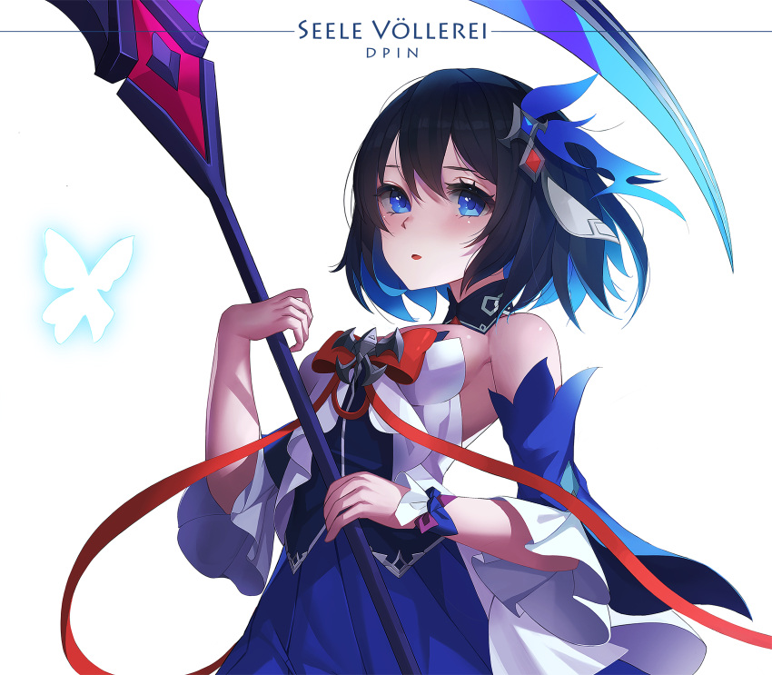 1girl animal bare_shoulders black_hair blue_eyes blue_gemstone blue_hair bow bug butterfly character_name cropped dpin_(user_adhr8855) eyelashes gem glowing_butterfly hair_ornament highres holding holding_scythe holding_weapon honkai_(series) honkai_impact_3rd long_eyelashes looking_at_viewer multicolored_hair open_mouth red_bow red_gemstone scythe seele short_hair signature solo two-tone_hair weapon