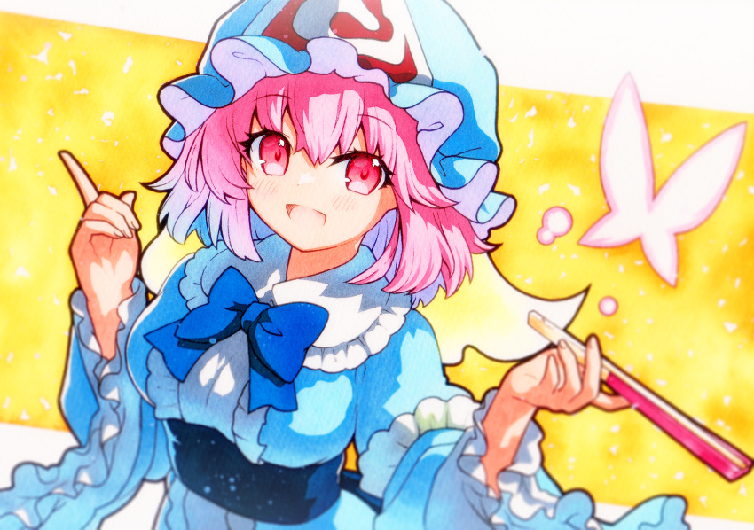 1girl blue_headwear blue_kimono blush folding_fan frilled_kimono frilled_sleeves frills hair_between_eyes hand_fan hat highres holding holding_fan japanese_clothes kimono long_sleeves mob_cap open_mouth pink_eyes pink_hair qqqrinkappp saigyouji_yuyuko short_hair smile solo touhou traditional_media triangular_headpiece upper_body wide_sleeves