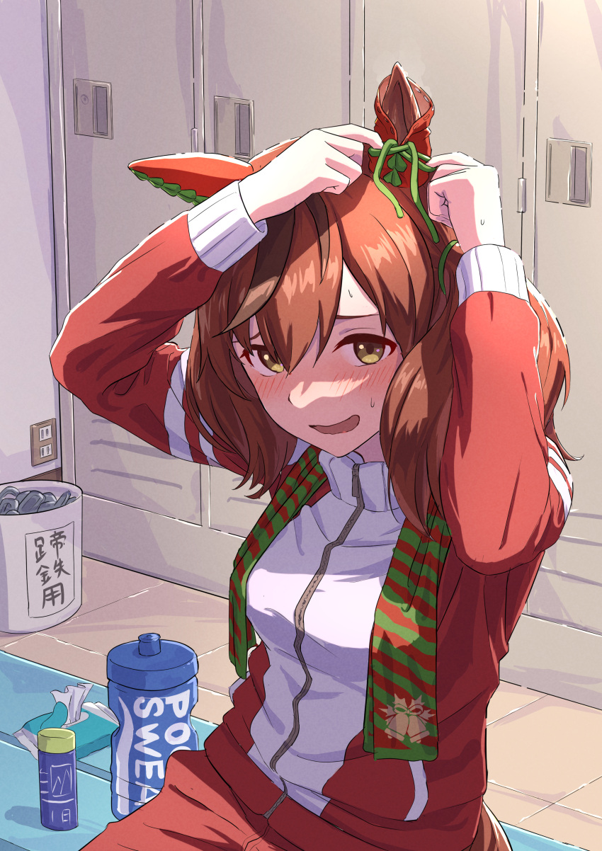 1girl absurdres animal_ears bench blush bottle breasts brown_eyes brown_hair ear_covers esubui highres horse_ears horse_girl horse_tail jacket locker locker_room long_sleeves looking_at_viewer medium_breasts multicolored_hair nice_nature_(umamusume) open_mouth pants pocari_sweat red_jacket red_pants red_track_suit sitting solo streaked_hair sweat tail tissue_box towel towel_around_neck track_jacket umamusume water_bottle