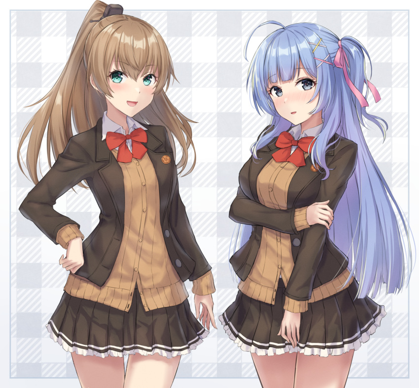 2girls :d ahoge aqua_eyes bangs black_jacket black_skirt blazer blue_eyes blue_hair blush bow brown_cardigan brown_hair brown_skirt cardigan character_request collared_shirt commentary_request commission cosplay cowboy_shot crossover frilled_skirt frills green_eyes hair_between_eyes hair_ornament hair_ribbon hairclip highres jacket kantai_collection kumano_(kancolle) kumano_(kancolle)_(cosplay) kumano_kai_ni_(kancolle) long_hair long_sleeves monoku multiple_girls neck_ribbon nose_blush one_side_up open_clothes open_jacket open_mouth parted_lips pink_ribbon plaid plaid_background pleated_skirt ponytail red_bow red_ribbon ribbon school_uniform shirt skeb_commission skirt smile very_long_hair virtual_youtuber white_shirt x_hair_ornament