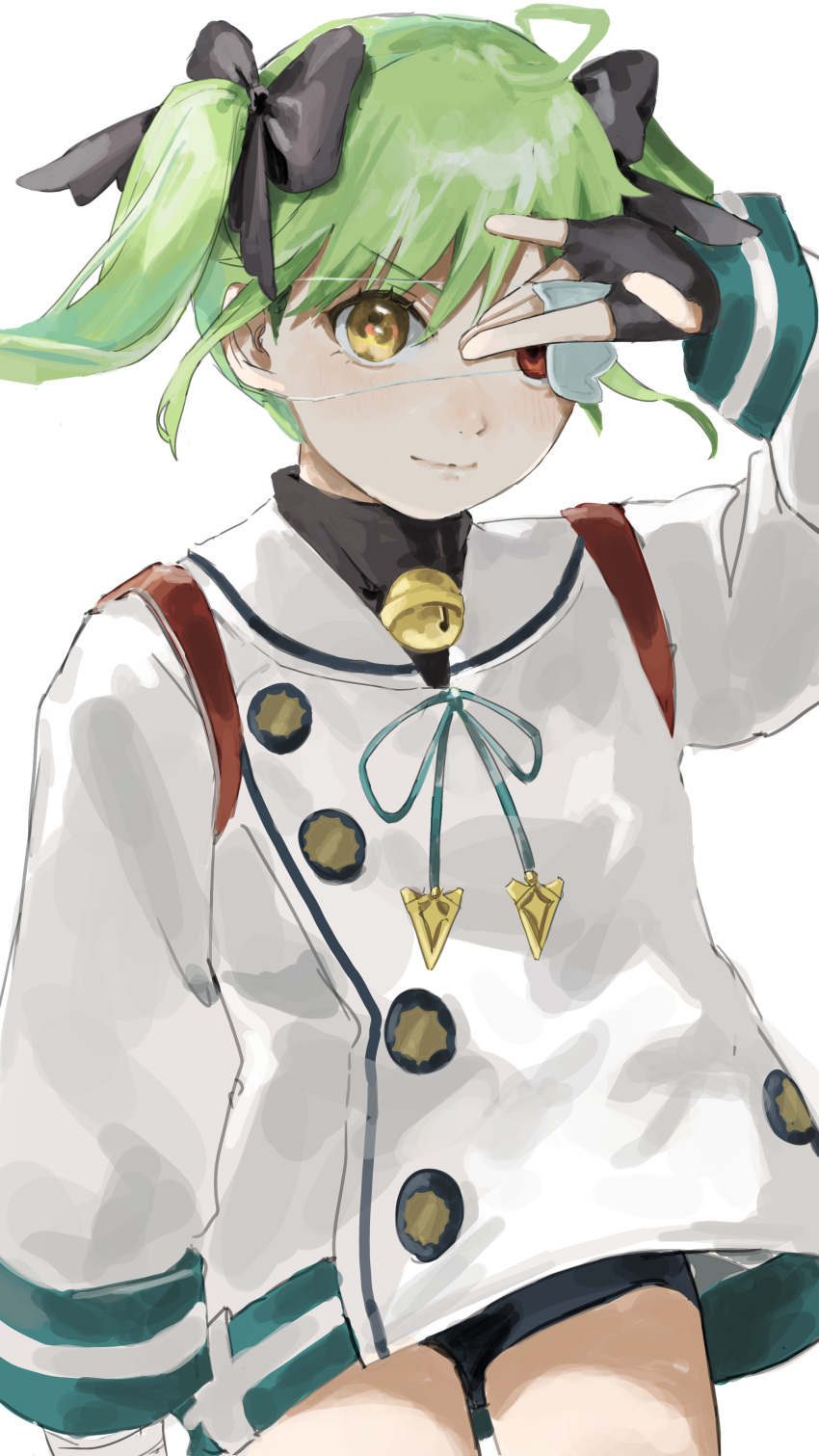 absurdres bell black_bow black_gloves bow commentary eyepatch fingerless_gloves gloves green_hair hair_bow heterochromia highres jingle_bell kani_samurai last_period long_sleeves looking_at_viewer short_twintails simple_background twintails white_background
