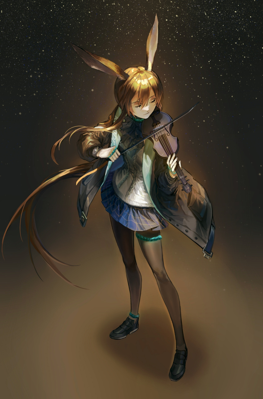 1girl absurdres amiya_(arknights) animal_ear_fluff animal_ears ankle_strap arknights ascot bangs black_ascot black_footwear black_jacket black_pantyhose blue_skirt brown_background brown_hair buttons chan9233 chinese_commentary closed_eyes commentary_request from_above full_body gradient gradient_background hair_between_eyes highres holding holding_instrument instrument jacket jewelry loafers long_hair long_sleeves low_twintails music open_clothes open_jacket pantyhose plaid plaid_skirt playing_instrument pocket rabbit_ears ring shirt shoes skirt smile solo standing thigh_strap twintails two-sided_fabric violin white_shirt
