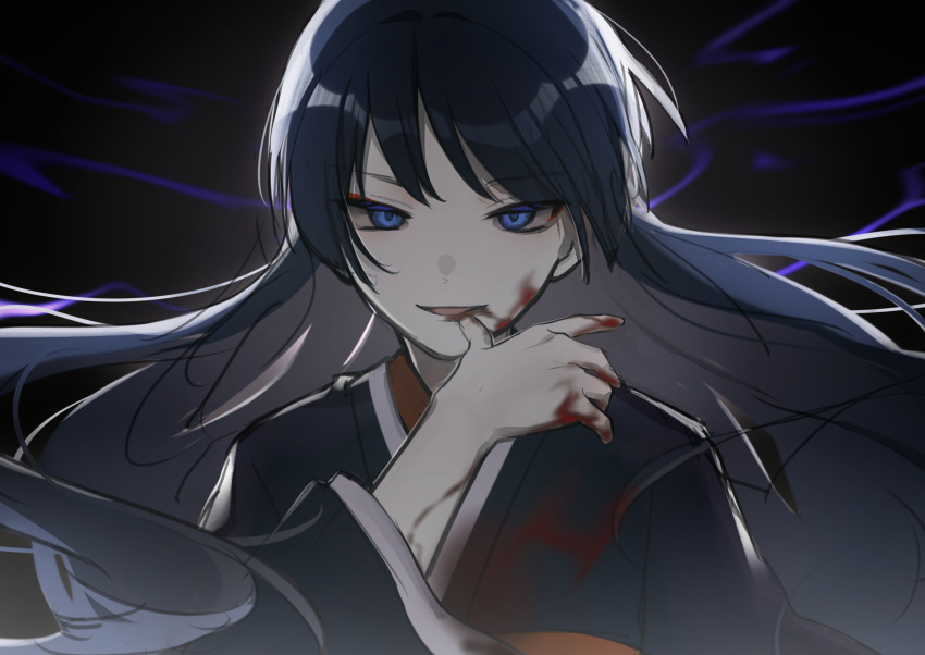 1boy bangs black_hair black_kimono blood blood_on_face blood_on_hands blue_eyes commentary_request dark_background eyeshadow floating_hair genshin_impact hand_up highres japanese_clothes kimono long_hair long_sleeves looking_at_viewer makeup male_focus open_mouth parted_bangs red_eyeshadow scaramouche_(genshin_impact) sidelocks sketch smile solo upper_body wide_sleeves yoitesa