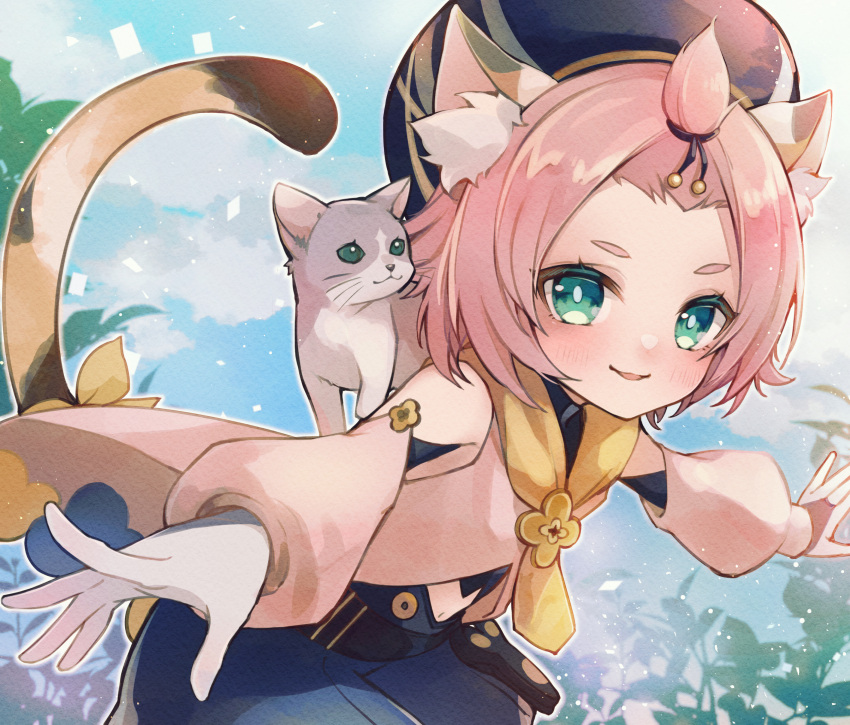 1girl 7aka_ne11 absurdres animal_ear_fluff animal_ears animal_on_shoulder bangs_pinned_back belt black_belt black_headwear blue_shorts blue_sky blush cat cat_ears cat_girl cat_on_shoulder cat_tail clouds commentary day detached_sleeves diona_(genshin_impact) eyelashes forehead genshin_impact gloves green_eyes hat highres long_sleeves looking_at_viewer navel orange_ribbon orange_scarf outdoors outstretched_arms parted_lips pink_hair pink_shirt pink_sleeves plant puffy_detached_sleeves puffy_long_sleeves puffy_sleeves ribbon scarf shirt short_hair shorts sidelocks sky sleeveless sleeveless_shirt smile solo spread_arms tail tail_ornament tail_ribbon thick_eyebrows white_gloves