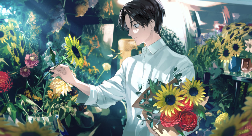 1boy absurdres bangs black_hair blurry bouquet buttons closed_mouth collared_shirt depth_of_field flower flower_pot flower_shop green_eyes highres holding holding_bouquet holding_flower jujutsu_kaisen koujisako light_particles light_rays long_sleeves looking_down male_focus okkotsu_yuuta parted_bangs rose shirt shop short_hair signature solo sunbeam sunflower sunlight twitter_username upper_body white_shirt