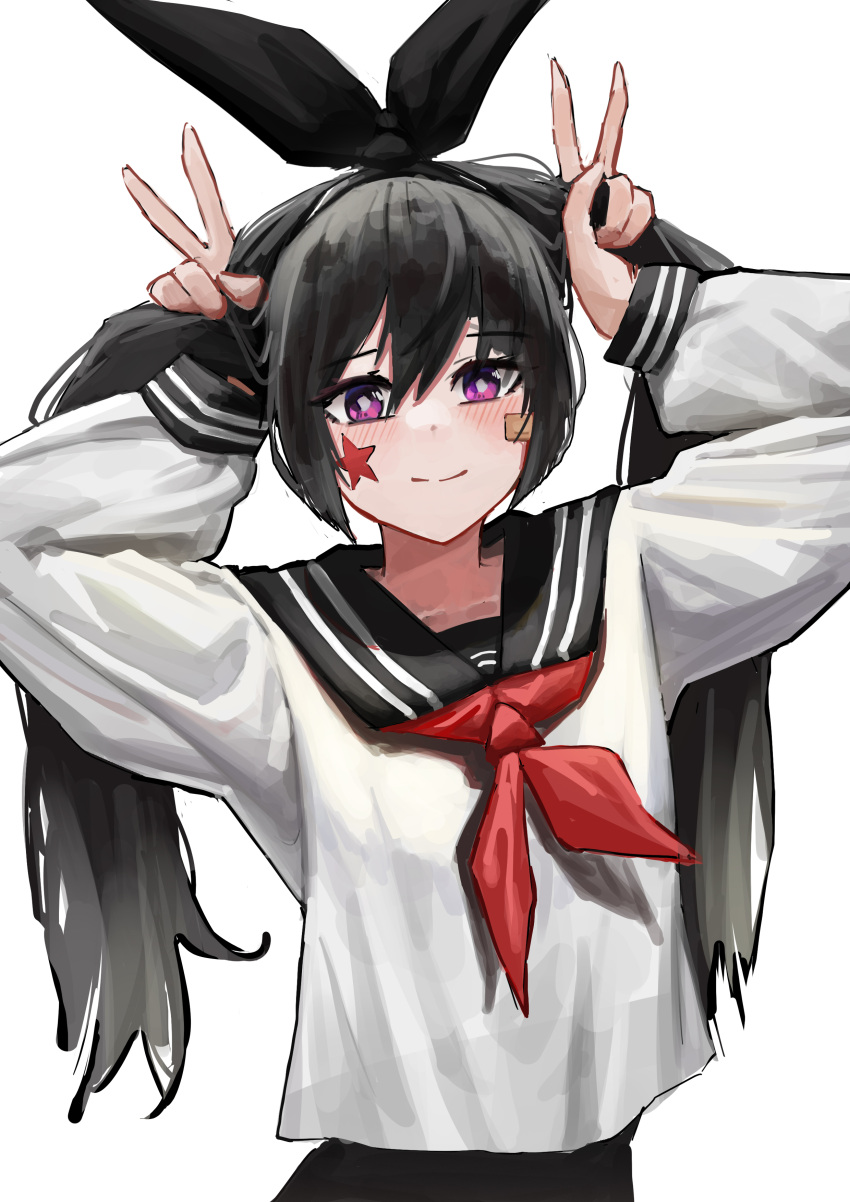 1girl absurdres bandaid bandaid_on_cheek bandaid_on_face black_bow black_hair blush bow closed_mouth commission diamond-shaped_pupils diamond_(shape) double_v facial_mark grey_pupils hair_between_eyes hair_bow highres holding holding_hair huge_bow hwan_(verypoor) long_hair original school_uniform serafuku siblings simple_background smile solo star_(symbol) star_facial_mark symbol-shaped_pupils twins twintails v violet_eyes white_background