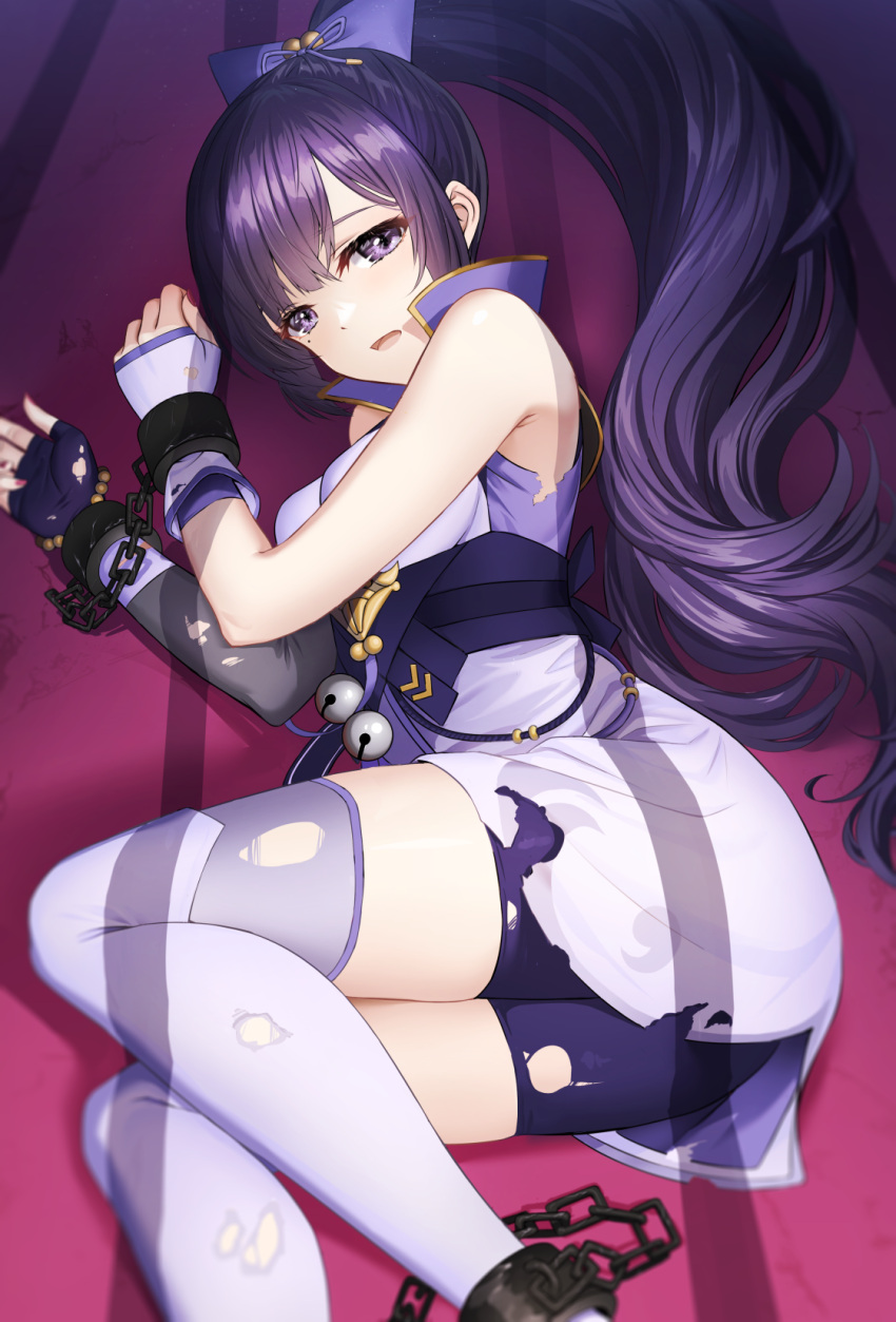 1girl asymmetrical_sleeves bare_arms bike_shorts boots bow chain commission cuffs detached_sleeves floating_hair grey_thighhighs hair_bow handcuffs highres indie_virtual_youtuber long_hair long_sleeves looking_at_viewer lying on_side open_mouth ponytail purple_bow purple_hair purple_shorts shiny shiny_hair short_shorts shorts single_sleeve sion_(9117) solo thigh-highs thigh_boots torn_clothes torn_legwear torn_shorts torn_sleeves torn_thighhighs very_long_hair violet_eyes virtual_youtuber white_footwear