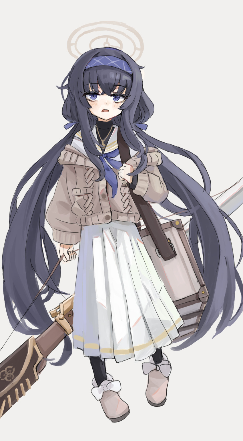 1girl absurdres bangs black_hair blue_archive blue_eyes blue_hairband blue_neckerchief bolt_action bow box brown_footwear brown_sweater buttons d: de_lisle_carbine facing_viewer footwear_bow grey_background gun hairband halo highres holding holding_strap holding_weapon inuinununununu jewelry long_hair long_skirt looking_at_viewer neckerchief necklace open_mouth pendant pleated_skirt sailor_collar simple_background skirt slippers solo standing strap sweater twintails ui_(blue_archive) weapon white_sailor_collar white_skirt