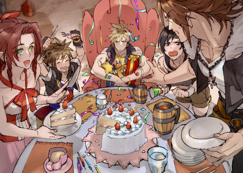 2girls 3boys aerith_gainsborough bangs bare_arms belt birthday_cake birthday_party black_hair black_jacket black_vest blonde_hair bow box breasts brown_background brown_eyes brown_hair brown_shorts cake chain_necklace chair chocobo closed_eyes cloud_strife cocktail_umbrella confetti crop_top cropped_jacket cup dress final_fantasy final_fantasy_vii final_fantasy_vii_advent_children final_fantasy_viii fingerless_gloves food fork fur_collar gift gift_box gloves green_eyes grey_shirt grinding hair_between_eyes hair_ribbon halter_dress halterneck headband high_collar holding holding_fork holding_gift holding_knife holding_plate jacket jewelry kingdom_hearts kingdom_hearts_ii knife long_hair medium_breasts medium_hair multicolored_clothes multicolored_dress multiple_belts multiple_boys multiple_girls necklace open_collar open_mouth outstretched_arm parted_bangs plate red_bow red_ribbon ribbon ryouto shirt short_hair short_sleeves shorts sidelocks sitting sleeveless sleeveless_shirt smile sora_(kingdom_hearts) spiky_hair squall_leonhart sweatdrop table vest wavy_mouth white_shirt yuffie_kisaragi