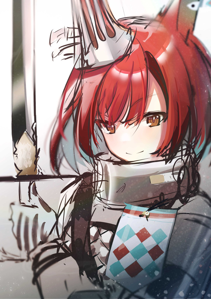 1girl animal_ears arknights bangs brown_eyes closed_mouth commentary_request flametail_(arknights) hand_up highres holding holding_sword holding_weapon looking_at_viewer minaminato1822 redhead sketch smile solo squirrel_ears sword upper_body weapon
