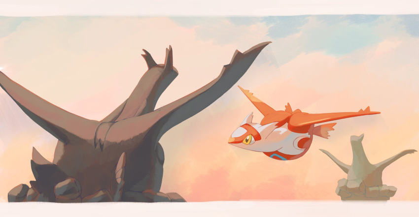 clouds commentary_request day floating highres latias letterboxed looking_at_object no_humans outdoors pokemon pokemon_(creature) sky statue torinoko_(miiko_draw) yellow_eyes