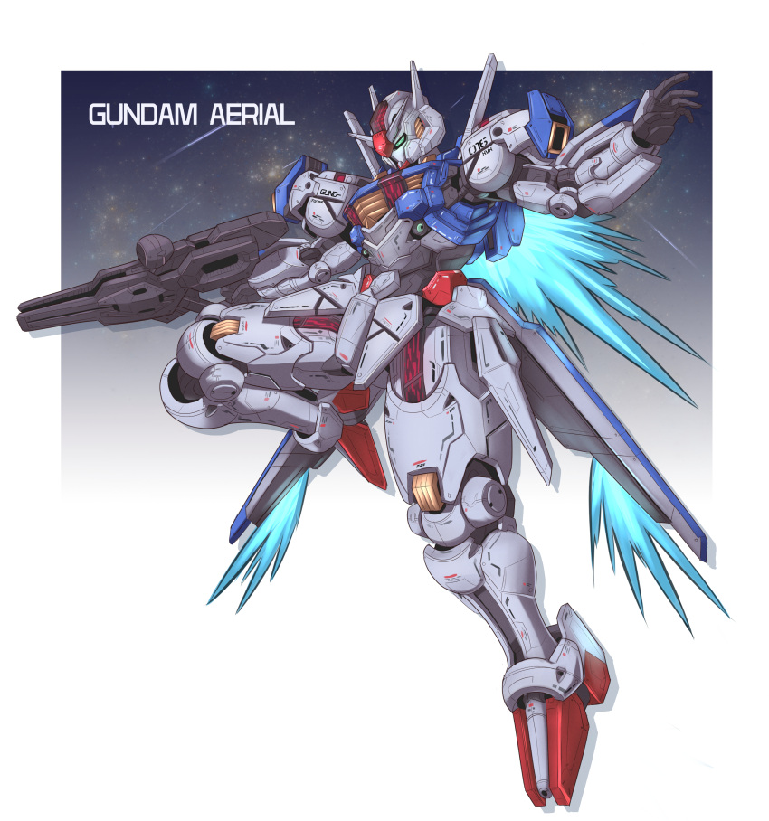 absurdres beam_rifle character_name energy_gun english_commentary english_text flying full_body green_eyes gun gundam gundam_aerial gundam_suisei_no_majo highres holding holding_gun holding_weapon jellen_squish leg_up mecha mobile_suit no_humans robot solo v-fin weapon