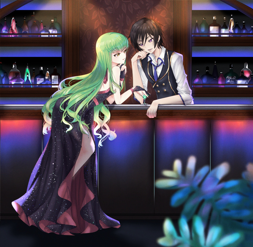 1boy 1girl :d absurdres backless_dress backless_outfit bartender black_dress black_hair black_vest blue_necktie blurry blurry_foreground bridal_gauntlets budgiepon c.c. code_geass collared_shirt dress green_hair highres indoors leaning_forward lelouch_lamperouge long_dress long_hair necktie open_mouth parted_lips shiny shiny_hair shirt short_hair side_slit sleeveless sleeveless_dress smile straight_hair very_long_hair vest violet_eyes white_shirt wing_collar yellow_eyes