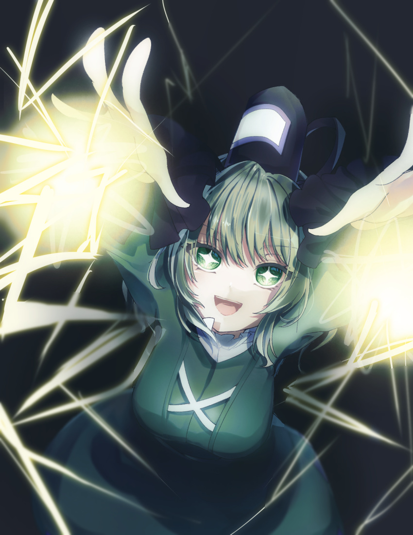 +_+ 1girl :d bangs black_background breasts cross-laced_clothes dress electricity green_dress green_hair hat hayuk0 highres large_breasts lightning looking_at_viewer open_mouth short_hair smile soga_no_tojiko solo tate_eboshi touhou