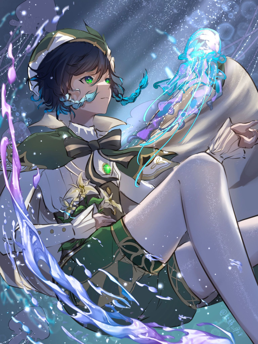 1boy aqua_hair artist_name bangs beret black_bow black_bowtie black_hair bow bowtie braid brown_corset buttons cape chinese_commentary closed_mouth collared_cape commentary_request corset eyelashes feet_out_of_frame floating_hair flower frilled_sleeves frills gem genshin_impact gradient_hair green_cape green_eyes green_headwear green_shorts hair_between_eyes hand_up hat highres jellyfish jiuye217 long_sleeves looking_away male_focus medium_hair multicolored_hair pantyhose puffy_shorts shirt short_shorts shorts side_braids sidelocks smile solo striped striped_bow striped_bowtie swept_bangs twin_braids underwater venti_(genshin_impact) water white_flower white_pantyhose white_shirt