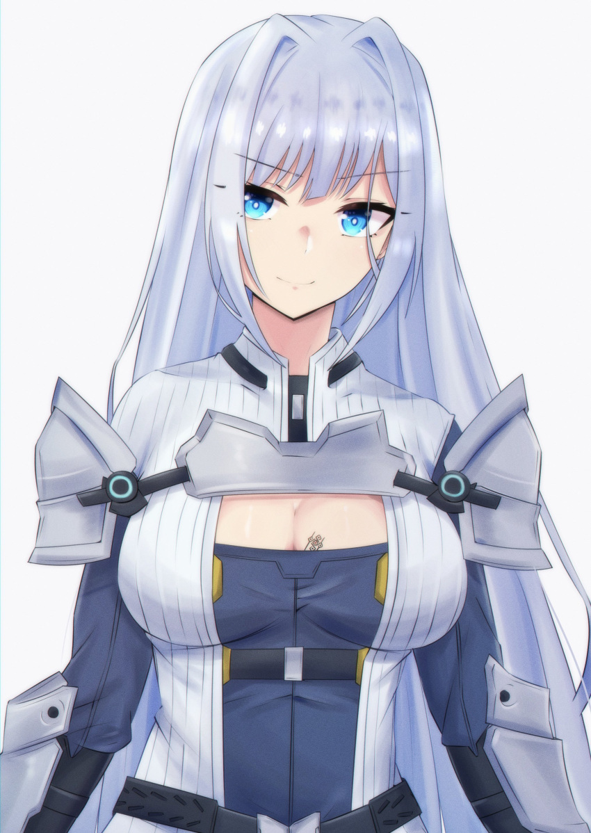 1girl absurdres armor blue_eyes breasts chest_tattoo cleavage_cutout clothing_cutout ethel_(xenoblade) grey_hair hair_intakes highres large_breasts latte long_hair pauldrons shoulder_armor smile tattoo xenoblade_chronicles_(series) xenoblade_chronicles_3