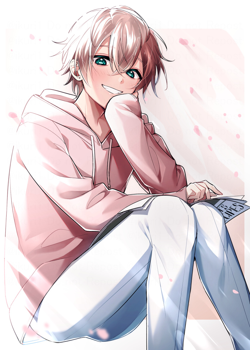 1boy absurdres blush brown_hair green_eyes head_rest highres hood hoodie ikurikaito long_sleeves looking_at_viewer magazine_(object) male_focus multicolored_background open_mouth original pants pink_background pink_hoodie reading short_hair sitting smile solo white_background white_pants