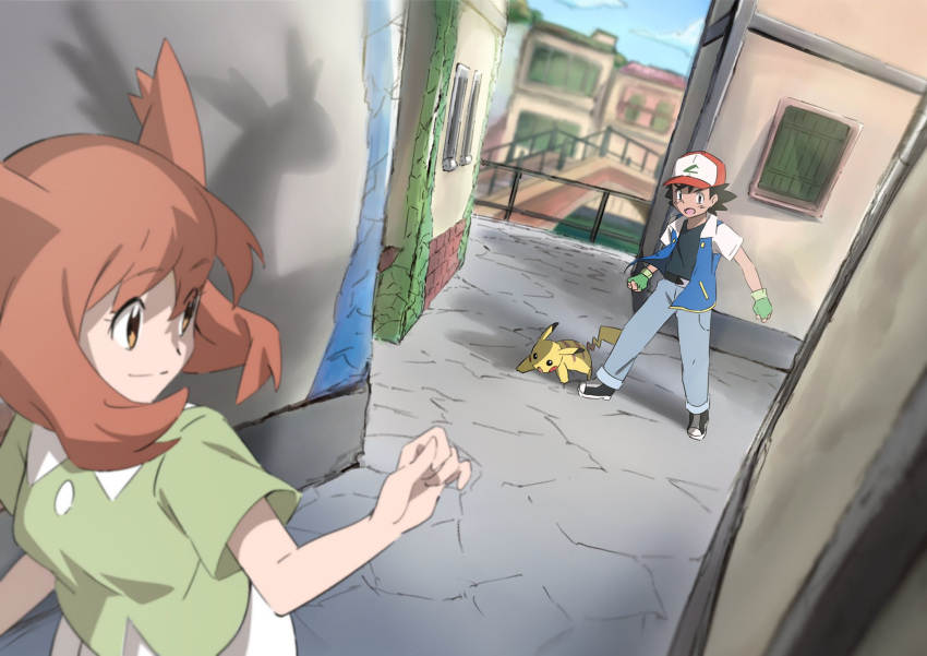 1boy 1girl ash_ketchum baseball_cap bianca_(pokemon_heroes) black_hair black_shirt brown_eyes brown_hair building closed_mouth commentary_request day different_shadow eyelashes fence fingerless_gloves gloves green_gloves green_shirt grey_pants hat highres jacket latias outdoors pants pikachu pokemon pokemon_(anime) pokemon_(classic_anime) pokemon_(creature) pokemon_heroes:_latios_&amp;_latias shirt shoes short_hair short_sleeves smile sneakers standing two_side_up yusuke_oshida
