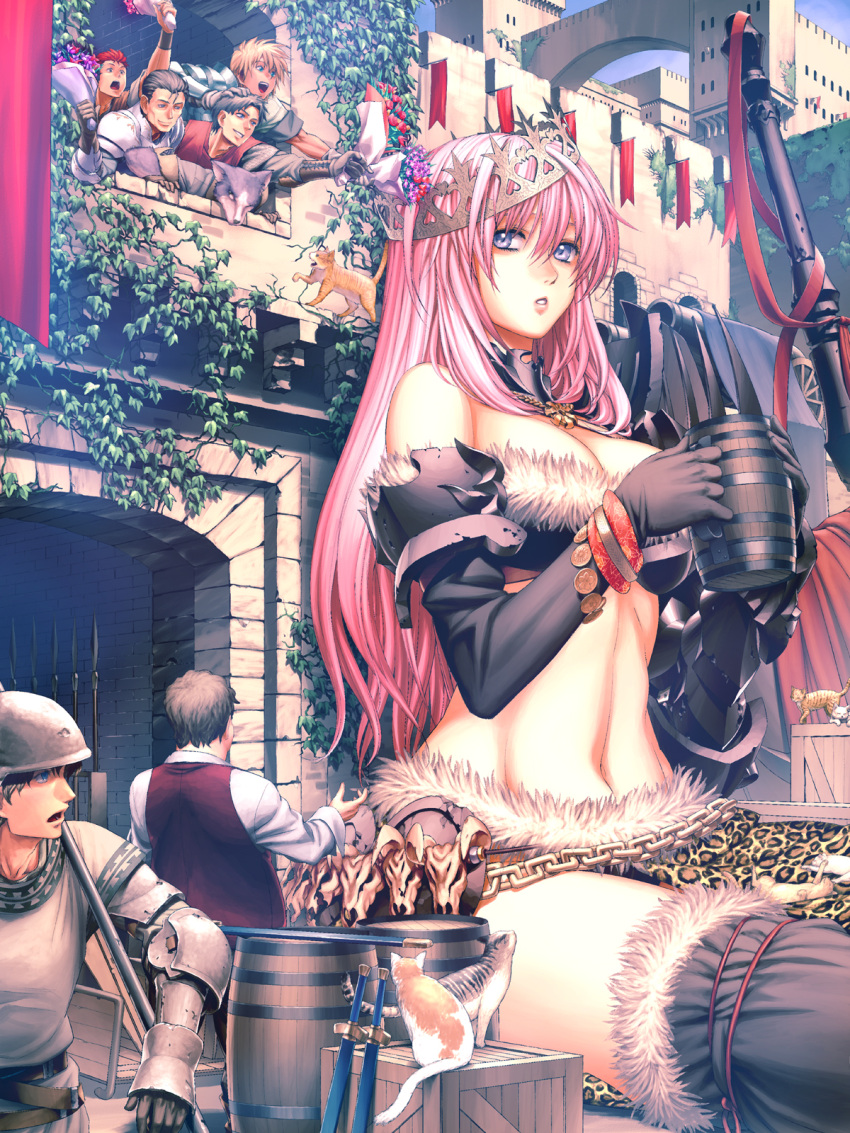 aoi_subaru armor barrel box breasts cannon castle cat cleavage crown detached_sleeves elbow_gloves flower fur giant giantess gigandal_federation gloves highres jewelry long_hair midriff navel necklace pink_hair pixiv_fantasia pixiv_fantasia_3 polearm skull sword thigh-highs thighhighs vines weapon