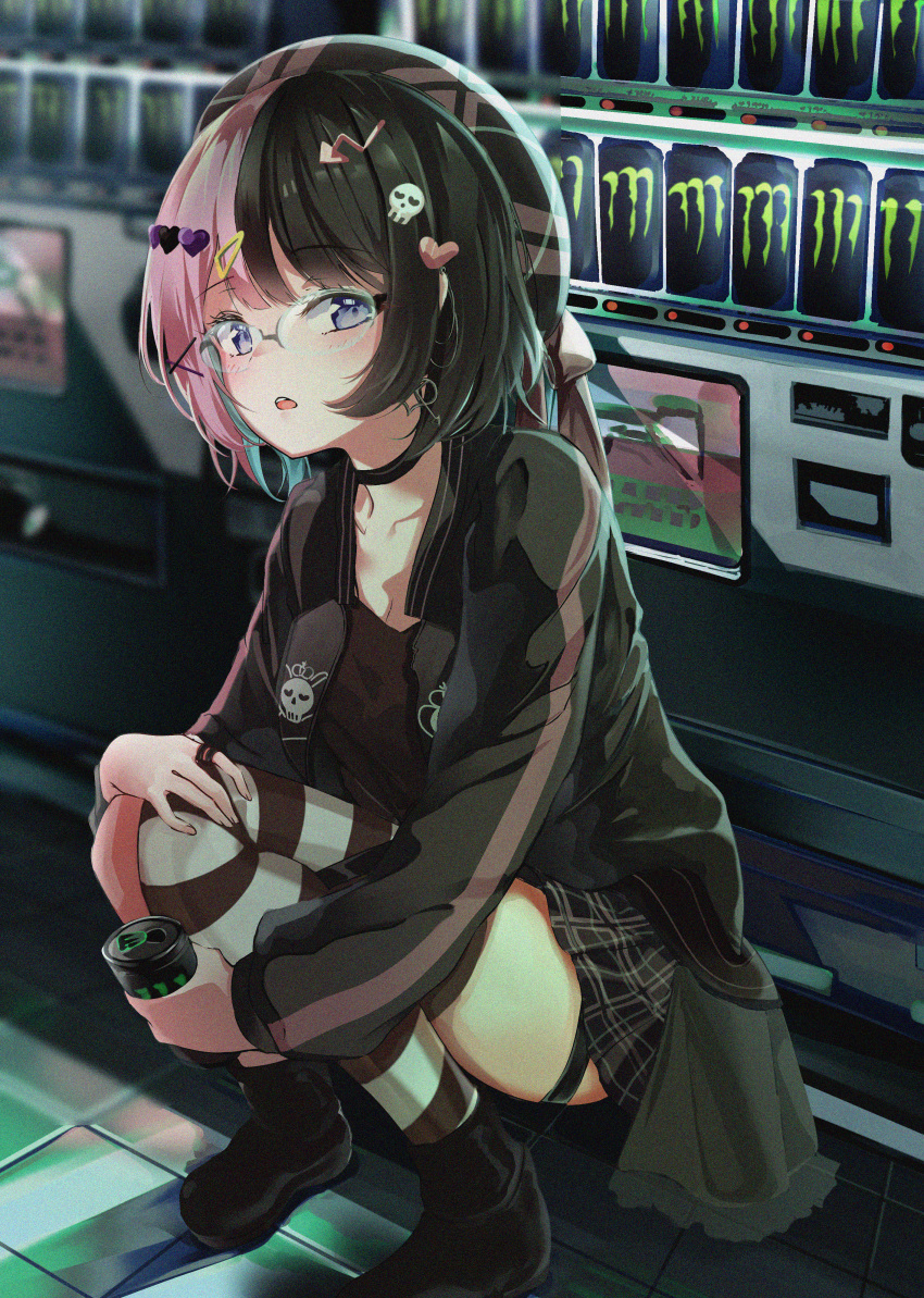 1girl absurdres arrow_hair_ornament black_choker black_hair black_jacket black_shirt black_skirt blue_eyes blush breasts can choker glasses hair_ornament hat heart heart_hair_ornament highres iris_black_games jacket looking_at_viewer mika_uni monster_energy multicolored_hair official_alternate_costume open_clothes open_jacket pink_hair shirt short_hair skirt skull_hair_ornament solo split-color_hair squatting tachibana_hinano_(vtuber) thigh_strap two-tone_hair vending_machine virtual_youtuber vspo!