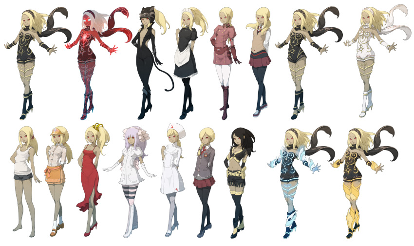 1girl bare_shoulders black_scarf blonde_hair breasts closed_mouth dark-skinned_female dark_skin dress full_body gravity_daze hairband high_heels highres kitten_(gravity_daze) leotard long_hair looking_at_viewer medium_breasts official_alternate_costume official_art red_eyes saitou_shunsuke scarf simple_background skirt smile solo strapless vambraces white_background