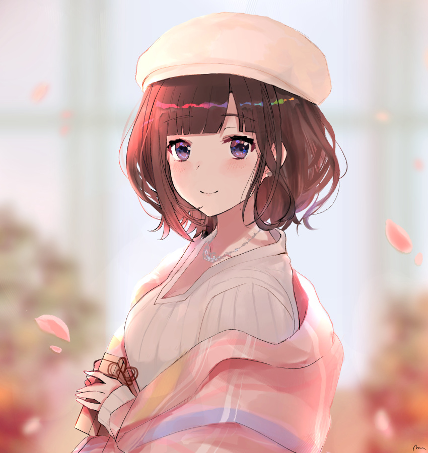 1girl absurdres bangs blurry blurry_background blush gift highres jacket jewelry looking_at_viewer medium_hair mnemo necklace nijisanji outdoors petals pink_jacket ribbed_sweater smile solo standing suzuka_utako sweater upper_body violet_eyes virtual_youtuber white_headwear white_sweater