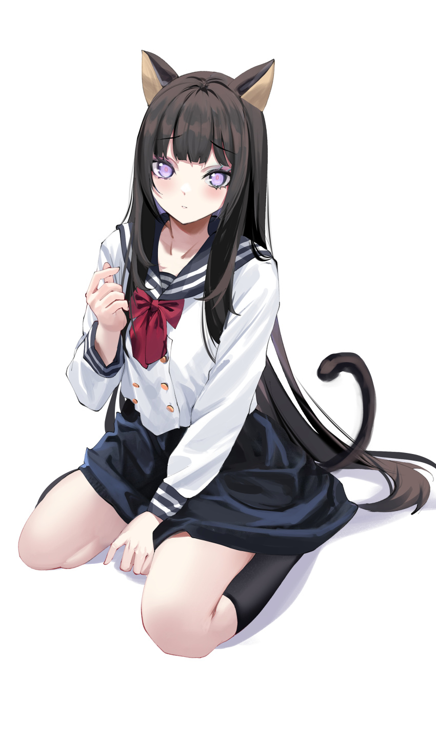 1girl absurdres animal_ears bangs between_legs black_hair black_skirt black_socks cat_ears cat_girl cat_tail closed_mouth collarbone commentary commission constricted_pupils curled_fingers dot_nose full_body hand_between_legs hand_up highres long_hair long_sleeves looking_at_viewer original school_uniform seiza simple_background sitting skirt socks solo spider_apple spread_legs tail very_long_hair violet_eyes white_background