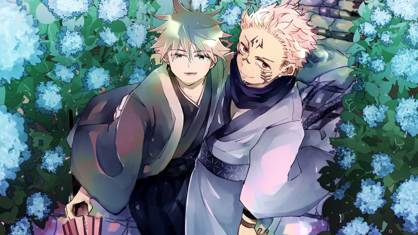 2boys arm_tattoo bangs black_hair black_kimono blue_flower closed_mouth commentary_request extra_eyes facial_tattoo flower fushiguro_megumi highres ico_oekaki japanese_clothes jujutsu_kaisen kimono long_sleeves looking_at_viewer male_focus multiple_boys outdoors pink_hair ryoumen_sukuna_(jujutsu_kaisen) short_hair smile spiky_hair tattoo white_kimono wide_sleeves younger