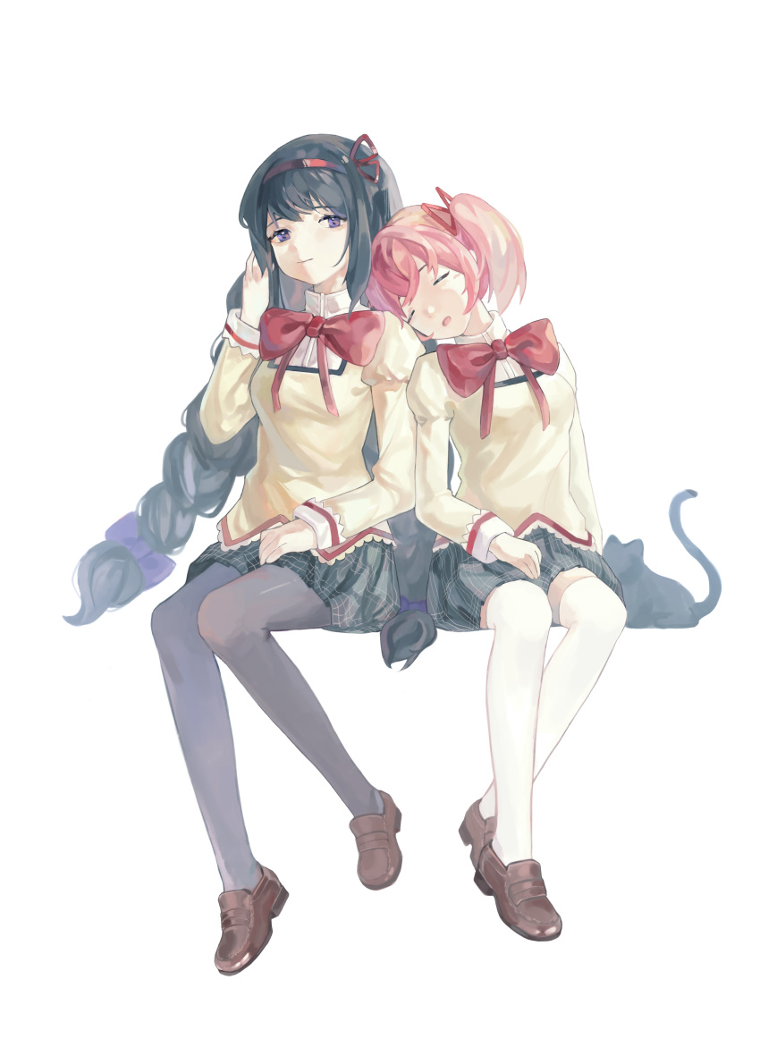 2girls absurdres akemi_homura bangs black_cat black_hair black_pantyhose black_skirt bow bowtie braid brown_footwear cat chinese_commentary closed_eyes collared_jacket commentary_request full_body hair_bow hair_ribbon hair_tucking hairband hand_in_own_hair hand_on_own_thigh hand_up head_on_another's_shoulder head_rest highres jacket kaname_madoka karitoru loafers long_hair long_sleeves looking_at_another mahou_shoujo_madoka_magica mitakihara_school_uniform multiple_girls open_mouth pantyhose pink_hair plaid plaid_skirt red_bow red_bowtie red_hairband ribbon school_uniform shoes short_hair short_twintails simple_background sitting skirt sleeping smile thigh-highs twin_braids twintails violet_eyes white_background white_thighhighs yellow_jacket