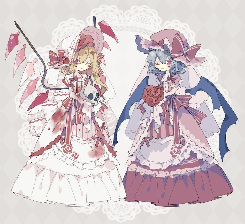 2girls ;) alternate_costume asymmetrical_hair bat_wings blonde_hair blood blood_on_clothes blue_hair blush bouquet bow closed_mouth collarbone commentary crystal dress flandre_scarlet flower full_body hair_between_eyes hat hat_bow highres holding holding_bouquet holding_skull layered_dress long_hair looking_at_viewer medium_hair multiple_girls nikorashi-ka one_eye_closed red_bow red_dress red_eyes red_flower red_headwear red_rose remilia_scarlet rose siblings sisters skull smile sun_hat sundress touhou veil white_dress white_headwear wings