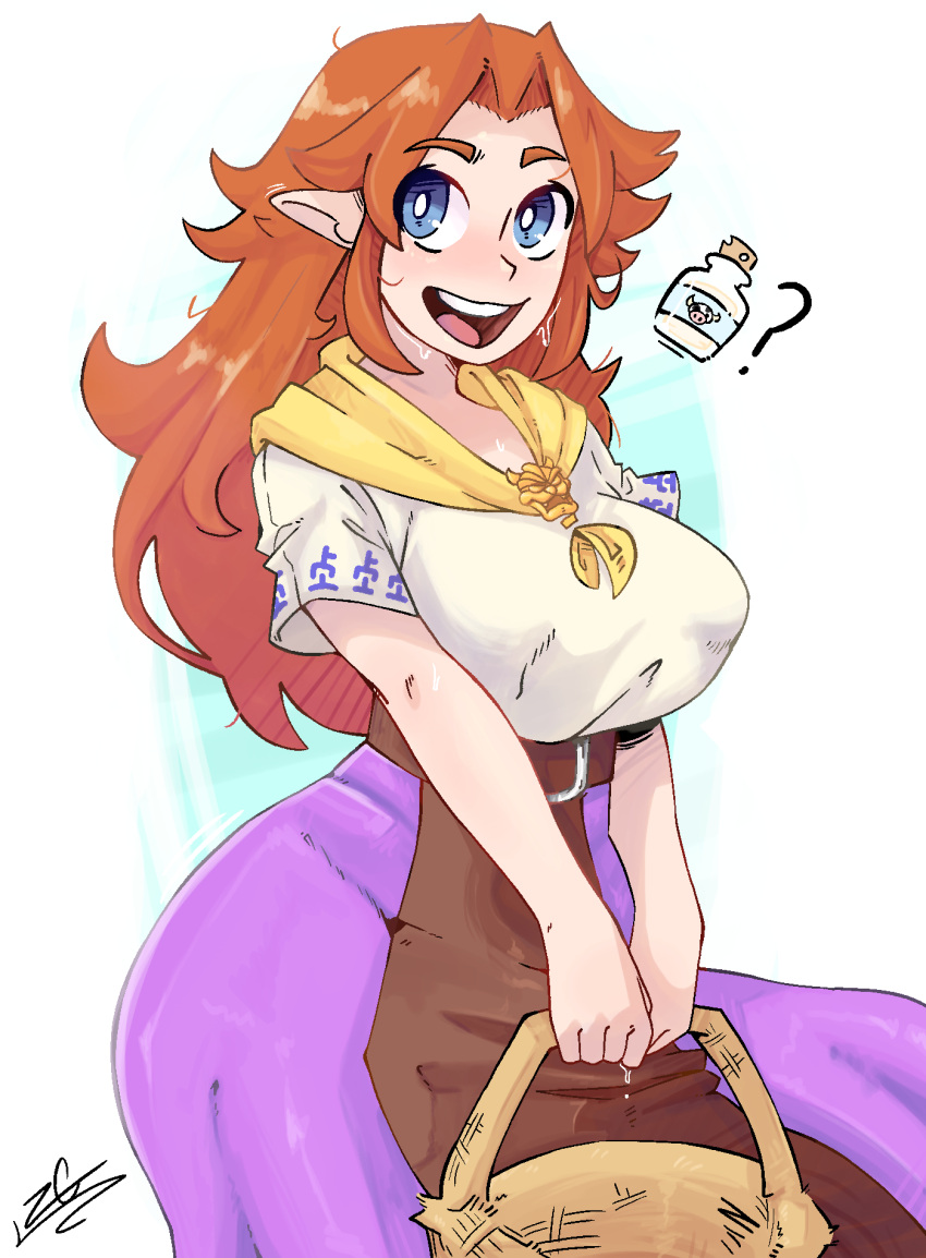 1girl blue_eyes breasts brown_hair highres large_breasts long_hair looking_at_viewer malon open_mouth own_hands_together pointy_ears smile solo the_legend_of_zelda tongue xyvetalarts