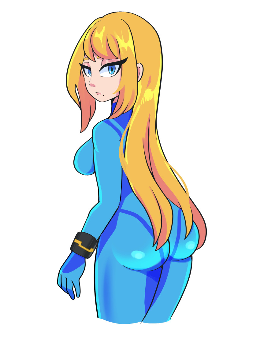 1girl absurdres ass bbycheese blonde_hair blue_eyes bracelet breasts highres jewelry long_hair looking_at_viewer looking_back metroid samus_aran solo white_background zero_suit