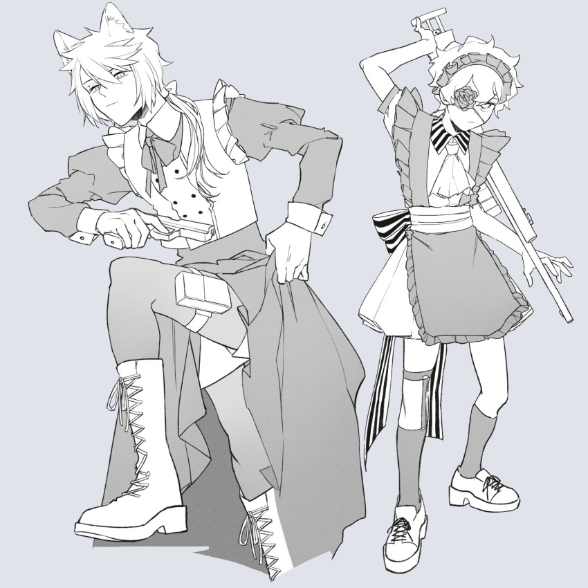 2boys :/ :| alternate_costume animal_ears apron arm_up ascot astel_leda back_bow boots bow buttons calf_socks closed_mouth clothes_lift collared_dress cross-laced_footwear crossdressing double-breasted dress enmaided expressionless flower_eyepatch foot_out_of_frame full_body grey_background greyscale gun hair_between_eyes hair_bow hair_over_shoulder handgun highres holding holding_gun holding_weapon holostars holster jackal_ears juliet_sleeves juu_(45_jujut) kageyama_shien leg_up legwear_garter lifted_by_self long_dress long_hair long_sleeves looking_at_viewer low_ponytail maid maid_apron maid_day maid_headdress male_focus monochrome multiple_boys neck_ribbon over_shoulder pantyhose peter_pan_collar puffy_sleeves ribbon rifle shoes short_hair shorts_under_dress simple_background single_garter skirt skirt_lift socks standing striped striped_bow thigh_holster vest virtual_youtuber weapon weapon_over_shoulder