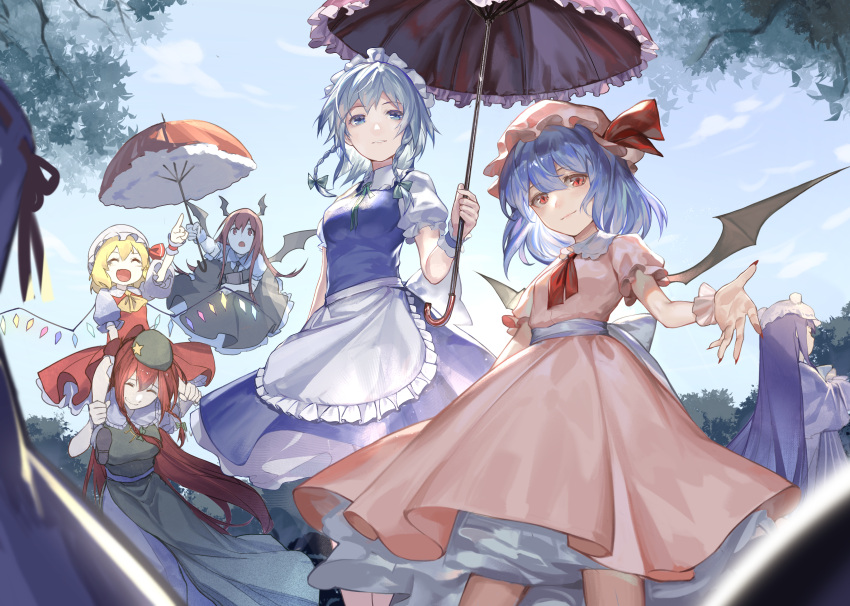 6+girls :d absurdres apron ascot back_bow bat_wings beret black_dress blonde_hair blue_dress blue_eyes blue_hair bow braid carrying chinese_commentary closed_eyes closed_mouth clouds collared_dress commentary_request day demon_wings detached_sleeves dress embodiment_of_scarlet_devil fang fingernails flandre_scarlet floating_hair flying frilled_sleeves frills green_bow green_dress green_hair green_headwear green_ribbon hair_between_eyes hair_bow hakurei_reimu hat hat_ribbon head_wings highres holding holding_another's_leg holding_umbrella hong_meiling izayoi_sakuya koakuma leaf lips long_hair looking_at_viewer maid_headdress medium_hair mob_cap multiple_girls nail_polish neck_ribbon neckerchief open_hand open_mouth parasol parted_lips patchouli_knowledge petticoat pink_dress pink_headwear pointing puffy_short_sleeves puffy_sleeves purple_hair red_dress red_eyes red_nails red_neckerchief red_ribbon redhead remilia_scarlet ribbon sharp_fingernails shirt short_sleeves shoulder_carry skin_fang sky slit_pupils smile touhou tree twin_braids umbrella very_long_hair waist_apron wb_yimo white_apron white_bow white_dress white_headwear white_shirt white_sleeves wings wrist_cuffs yellow_ascot