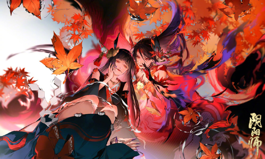 bangs black_hair blunt_bangs dark_persona dual_persona highres japanese_clothes kijo_momiji kokorogari_kijo_momiji leaf leaf_on_liquid long_hair maple_leaf official_art on_liquid onmyoji puddle red_eyes reflection reflective_water ripples sitting stitched_mouth stitches swept_bangs