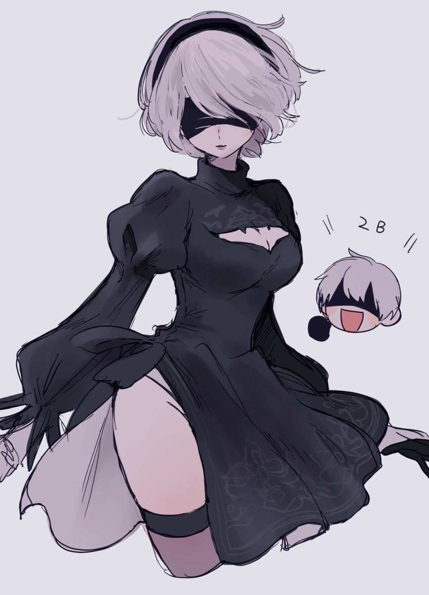 1boy 1girl black_dress dress highres looking_at_viewer maco22 nier_(series) nier_automata open_mouth short_hair smile white_background white_hair yorha_no._2_type_b yorha_no._9_type_s